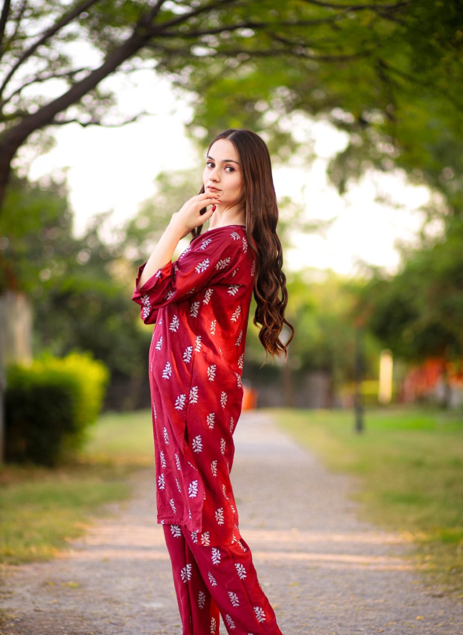 Saleeha Block Printed Maroon 2pc Dress