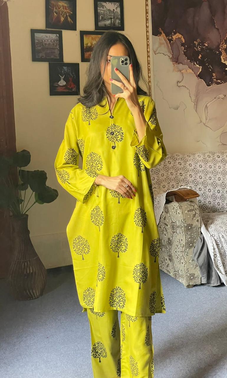 Tree Print -Olive Green 2pc Dress