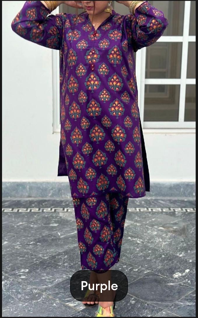 2-Piece stiched leaf printed suit for girls